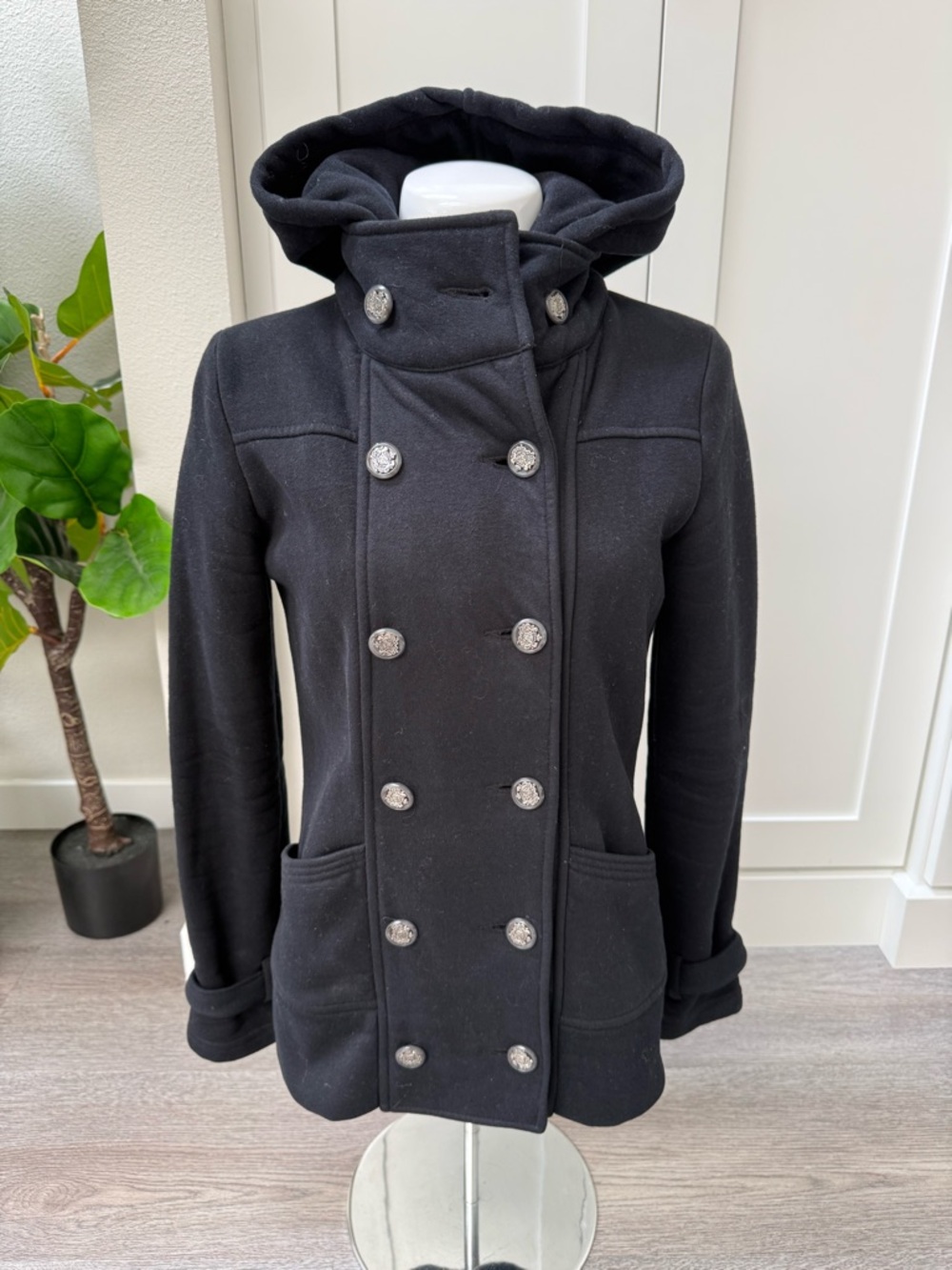 Iris Basic Black Double-Breasted Hooded Pea Coat